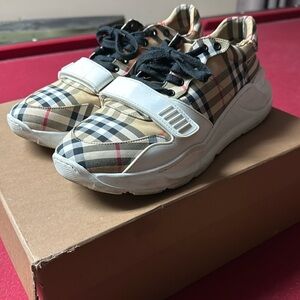 Burberry check and leather trainers with strap